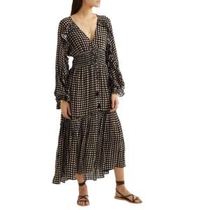 FIGUE Alessia Midi Dress Polka Dot V-Neck Puff Sleeve Ruffle Smocked Tiered Maxi